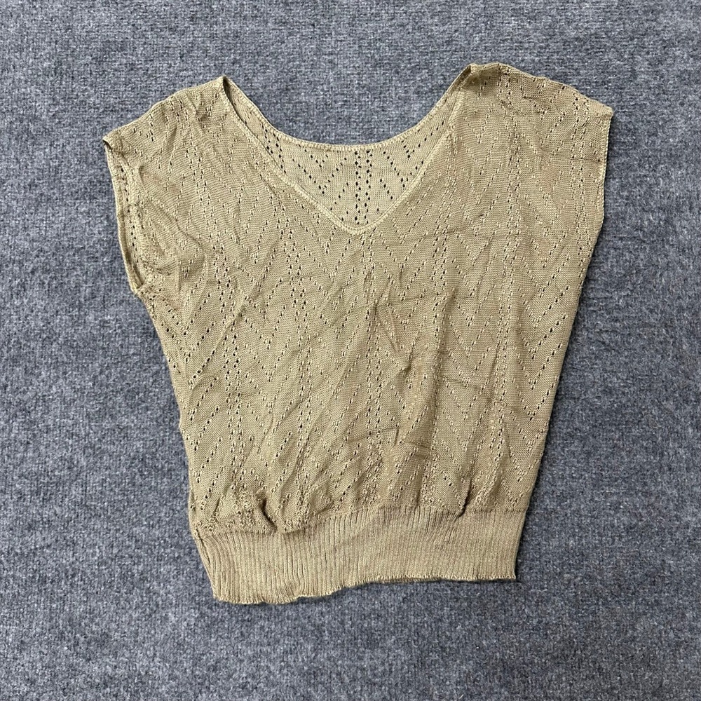 Dragonfly Knit Top Womens Size Medium Tan Beige Pointelle V-Neck Made in USA